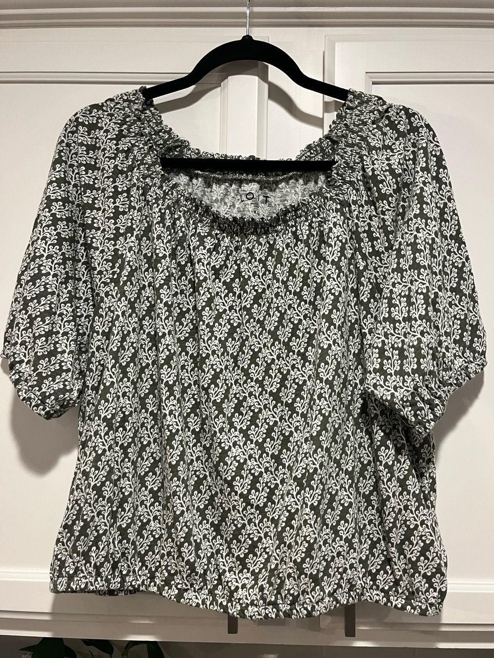 Smocked Neck Puff Sleeve Blouse - Olive Floral
